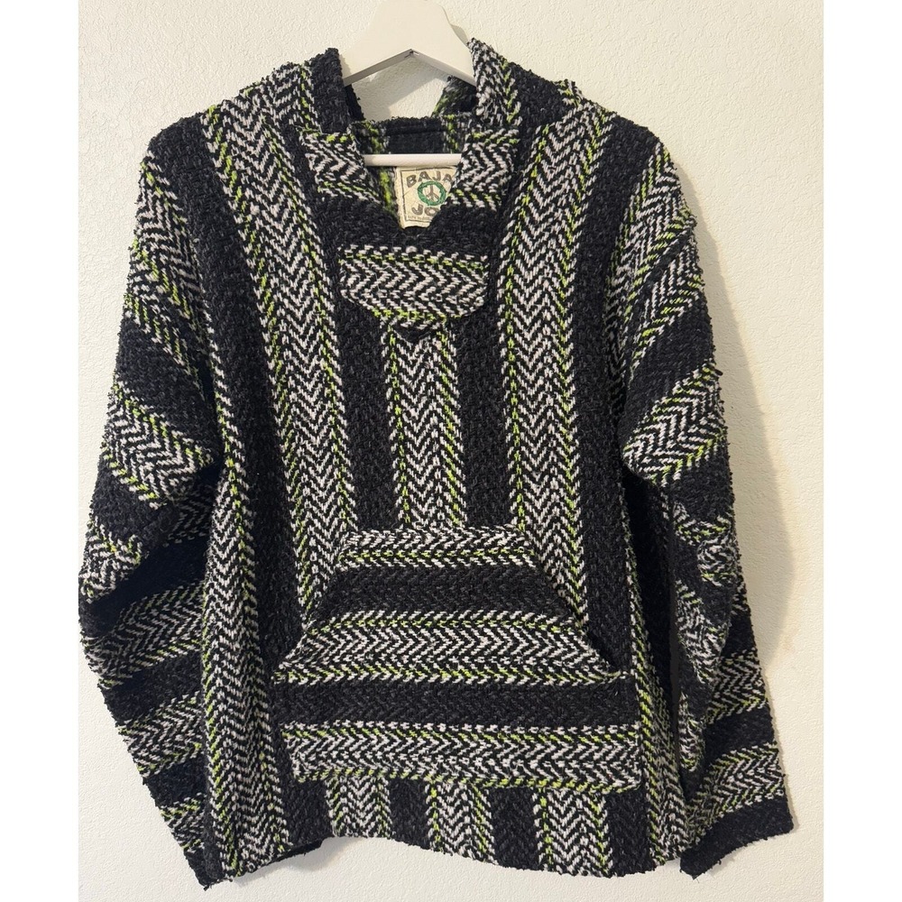 Baja Joe Mens Hooded‎ Poncho Black Green White Herringbone Mexican Pullover